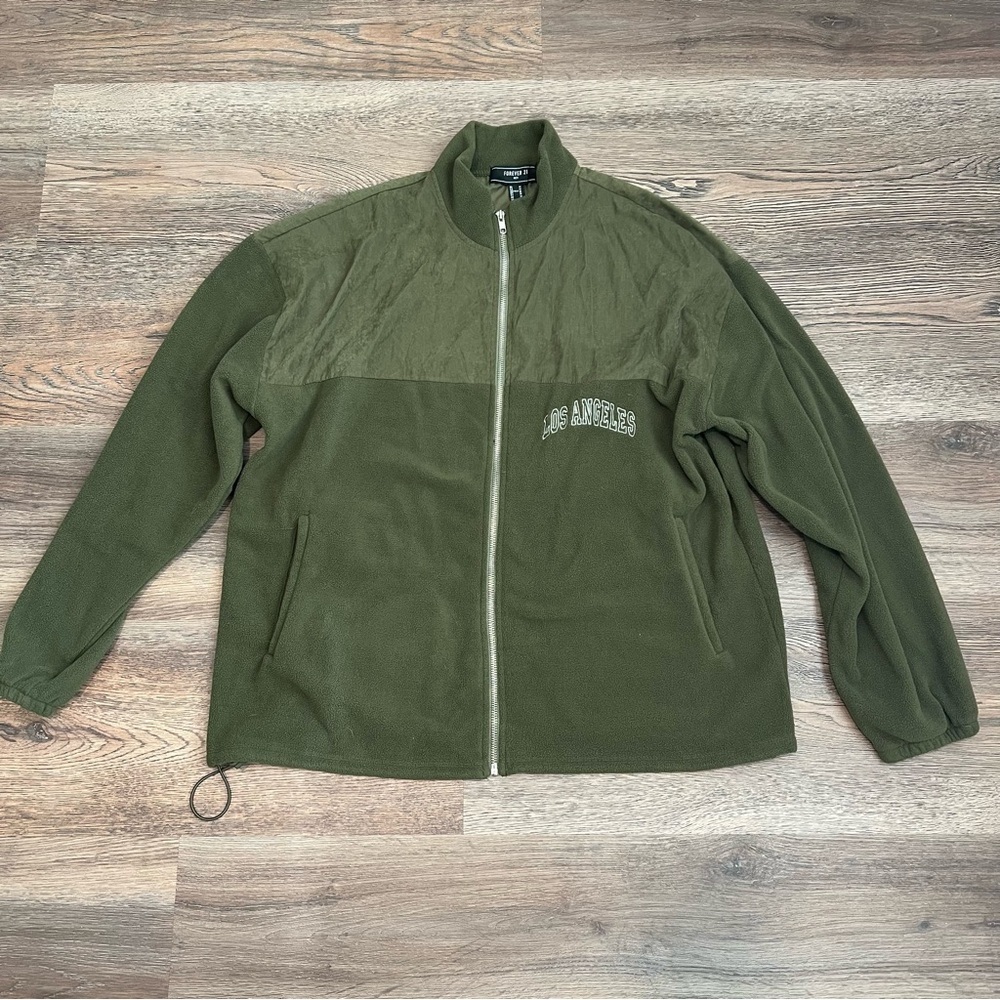 Forever 21 Men Green Zip-Up Jacket with Drawstring Size Medium